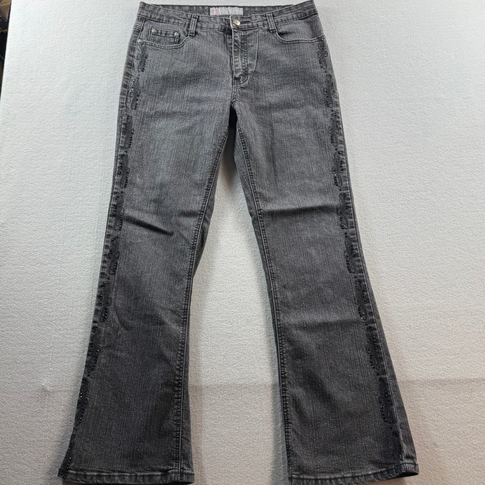COS Jeans Flare Pants Women 12 Gray Beaded Side Stripe Stretch Denim